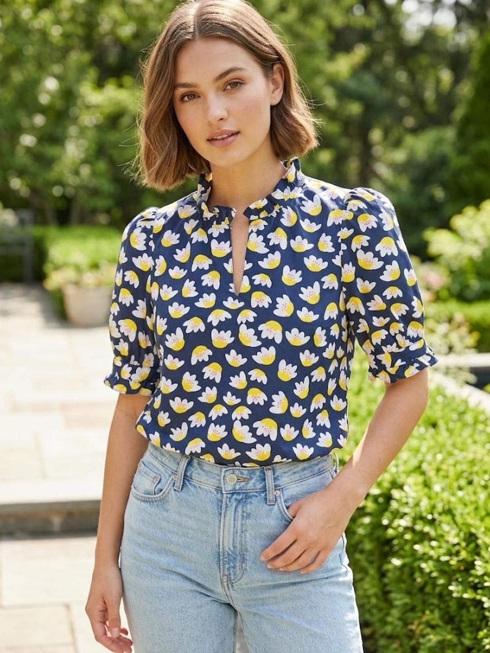 Jade Melody Tam Navy Floral Keyhole Puff-Sleeve Blouse